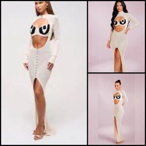 Murci Eve Knit Cream Long Sleeve Cutout Mock Neck Maxi Coquette Sexy Dress S